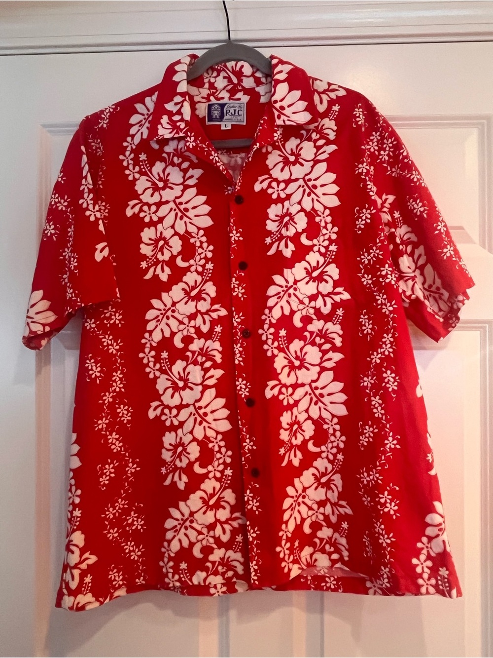 Vintage RJC Men’s Hawaiian Shirt Large Cotton Floral Red White Made in Hawaii